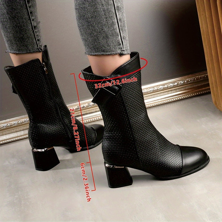 Women's Fleece-Lined Winter Mid-Calf Boots Slip-Resistant Hex Pattern Black