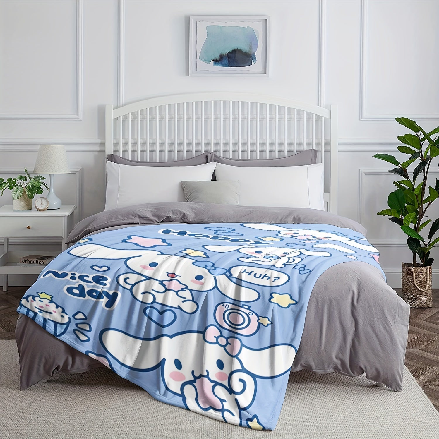 Soft Warm Cinnamoroll Plush Flannel Throw Blanket Cozy Cartoon Print for Bedroom Living Room Camping