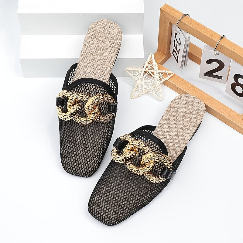 Women's Summer Slide Sandals with Chain Decoration Breathable Mesh