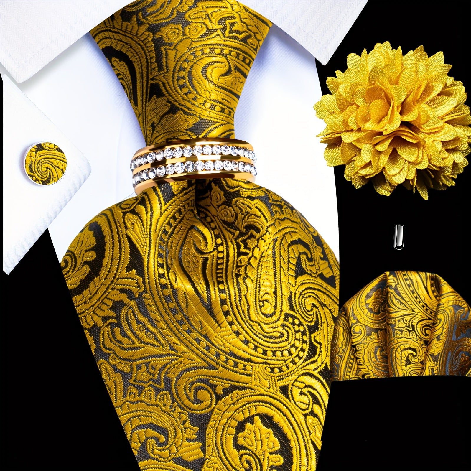 Men's Formal Tie Set with Pocket Square Cufflinks Tie Clip Lapel Pin and Ring for Weddings and Occasions