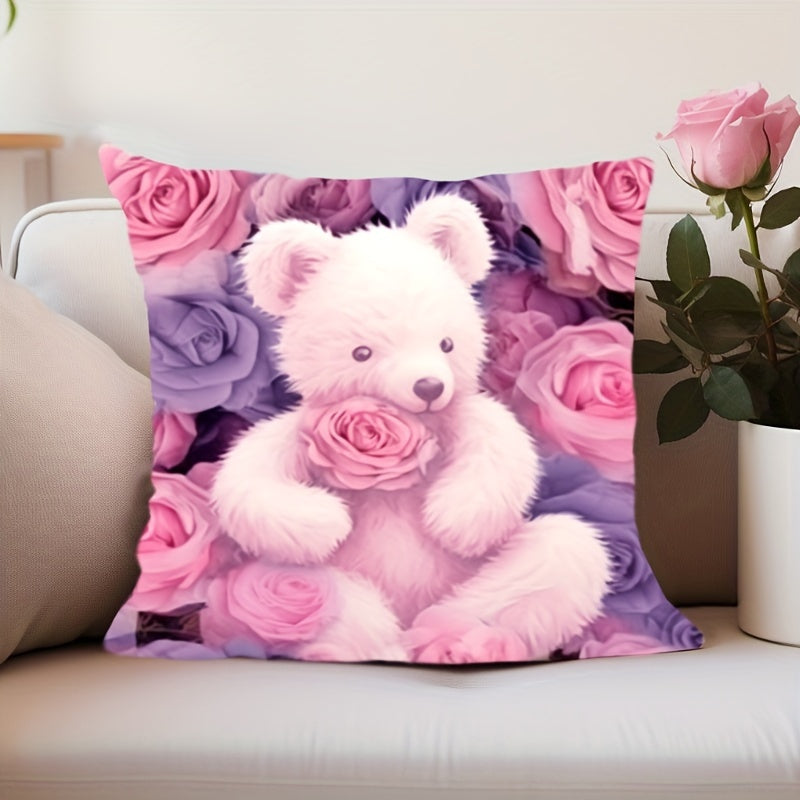 Floral Bear Cushion Cover Double-Sided Woven Polyester Zippered Decorative Pillowcase