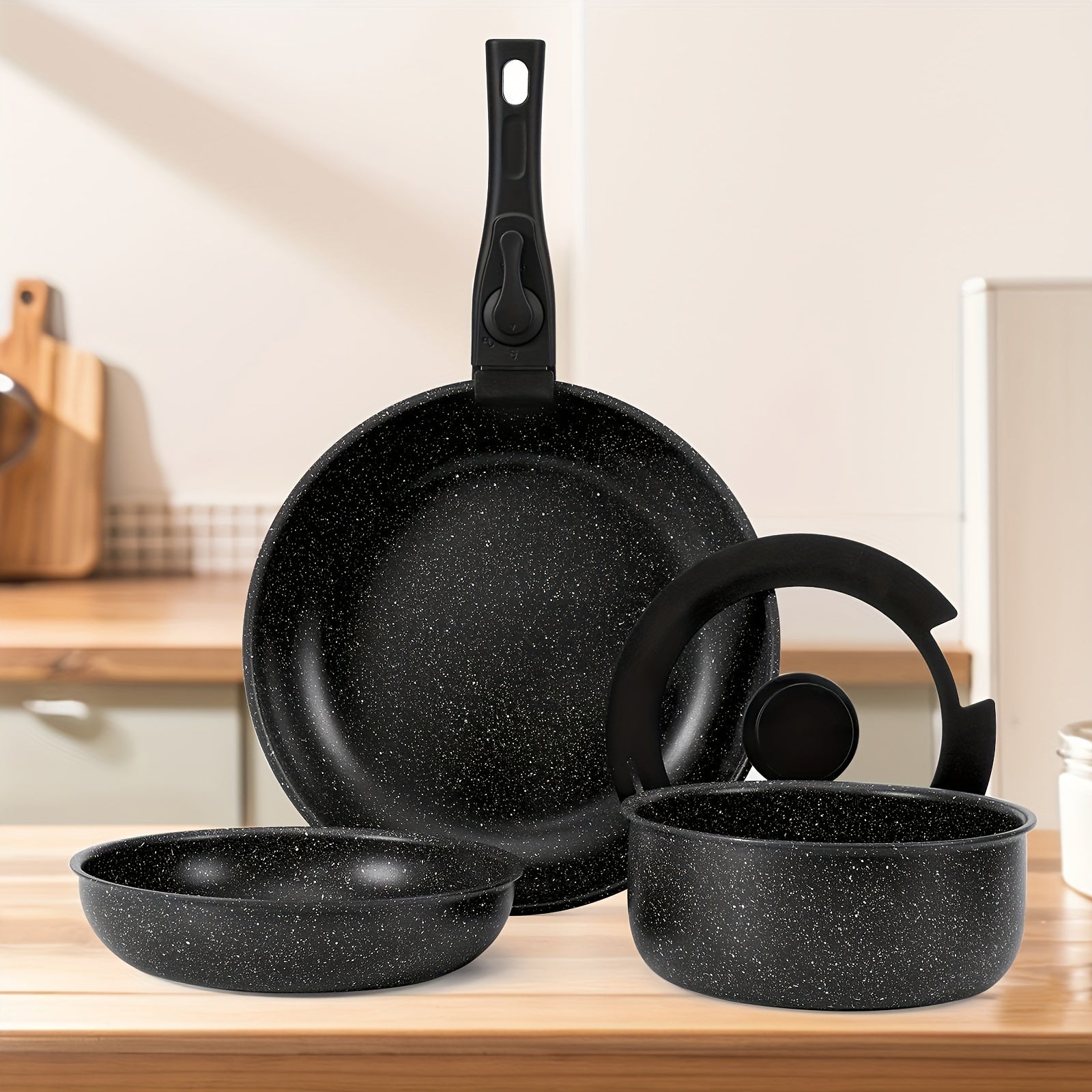 Juego de utensilios de cocina de aluminio antiadherente de 5 piezas con mangos removibles para todo tipo de cocinas