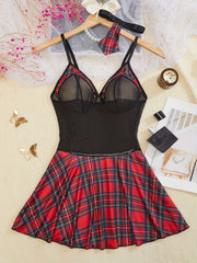 Women's Mesh Cosplay Lingerie Costume with Plaid Pattern and See-Through Stitching
