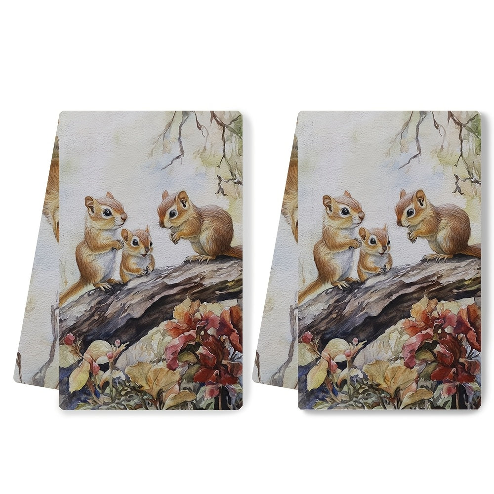 Coastal Style Chipmunk Kitchen Towels, 2 Pieces, Absorbent Polyester, 40x60 cm