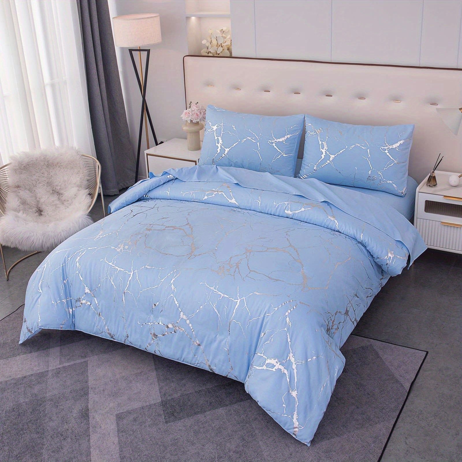Elegant Marble Pattern Bedding Set in Pink Gray Green Blue Purple Washable Ultra-fine Fiber Duvet Cover 2-3 Piece
