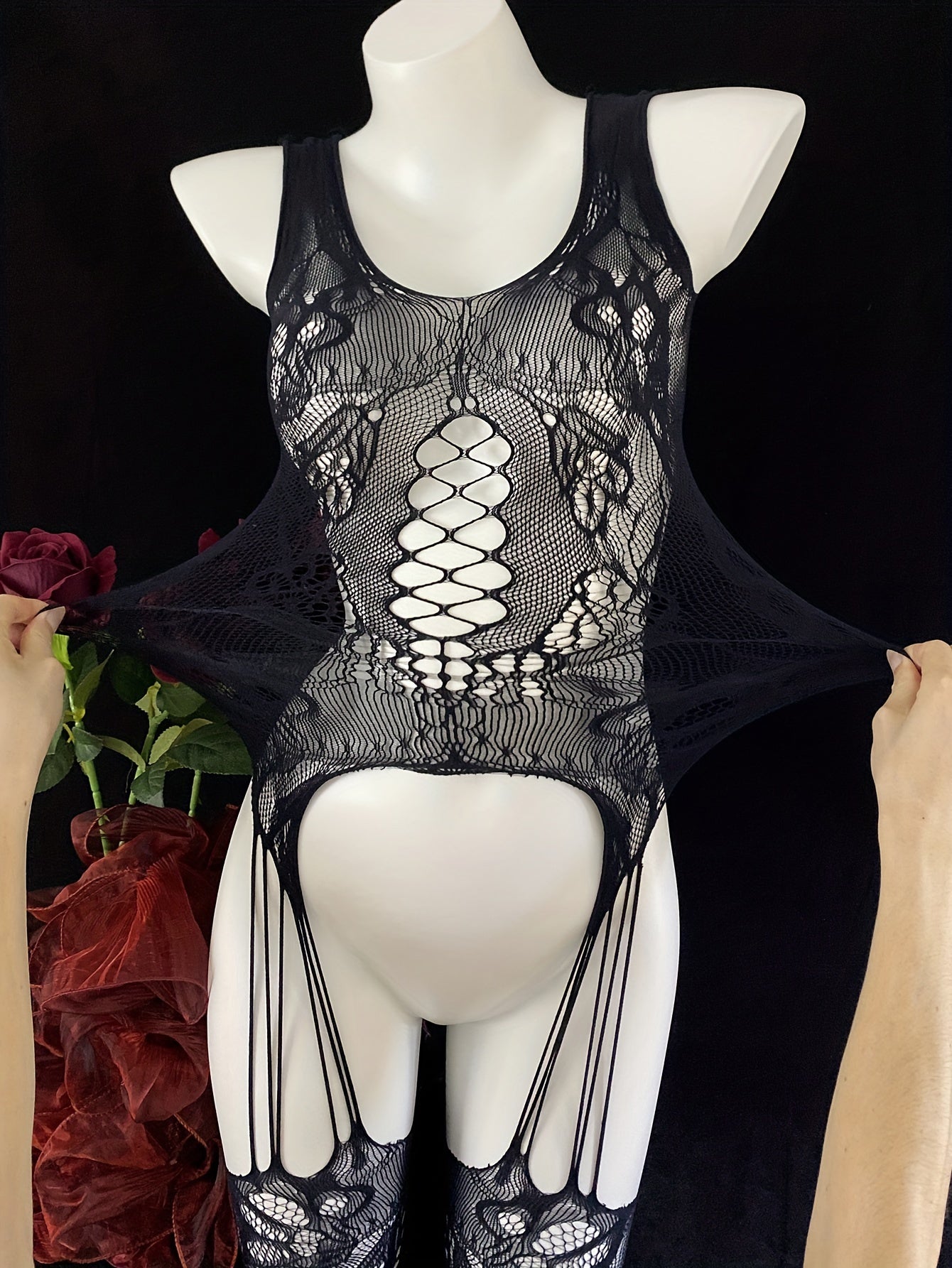 Women’s Lace Lingerie Bodysuit with Garter Straps Black Size Large