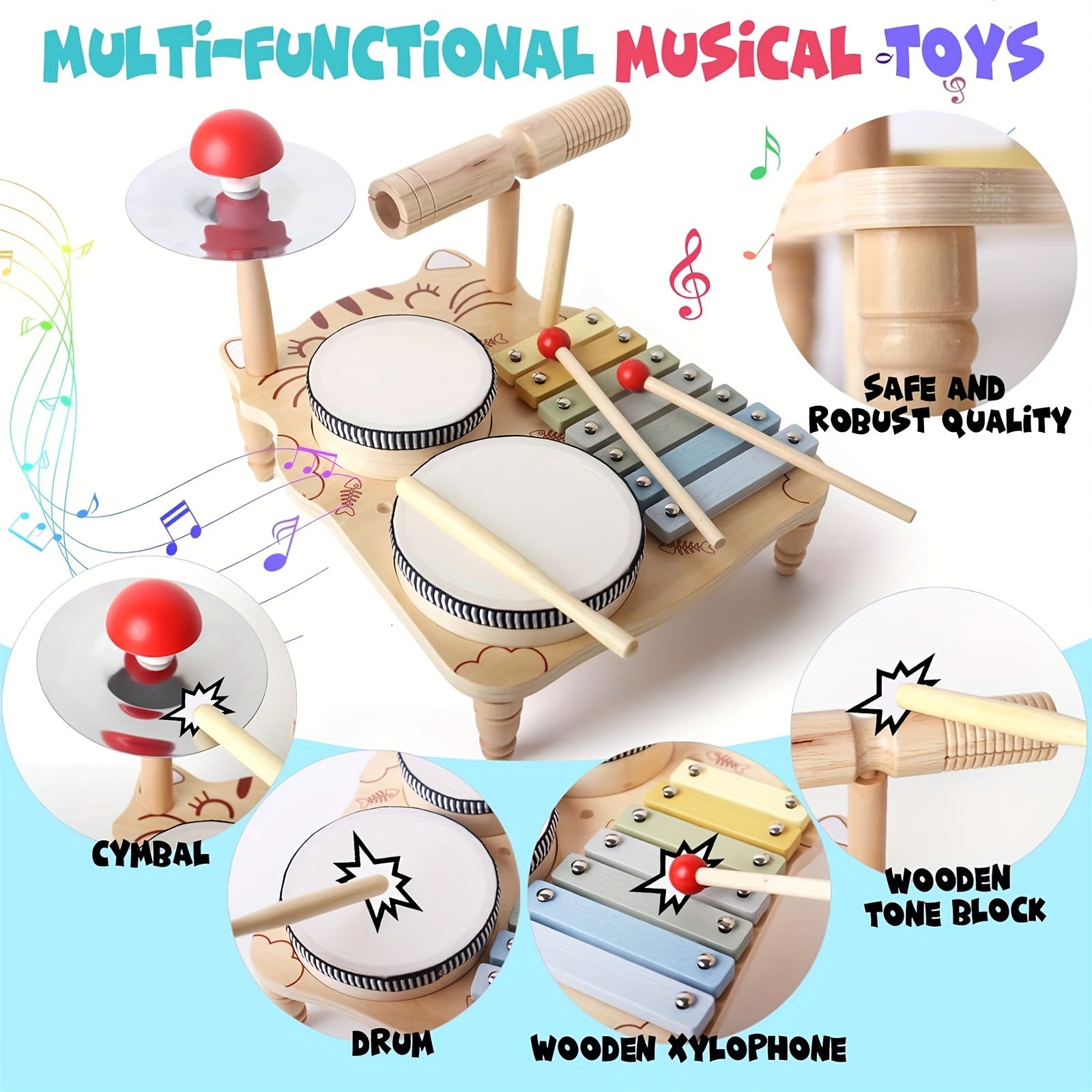 Kids Drum Set with Tambourines 10-in-1 Musical Instruments for Toddlers Preschool Percussion Toys