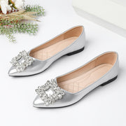 Women's Silvery Flat Thick-Heeled Shoes With Pointed Toe and Rhinestones