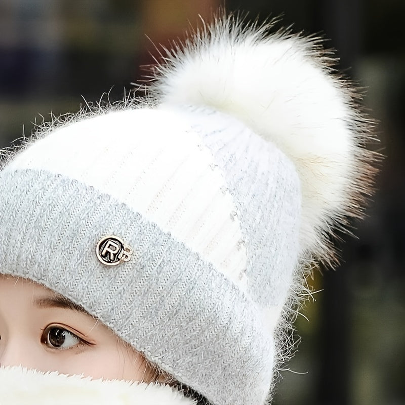 Women's Fleece-Lined Knit Beanie and Scarf Set Warm Winter Hat and Neck Warmer