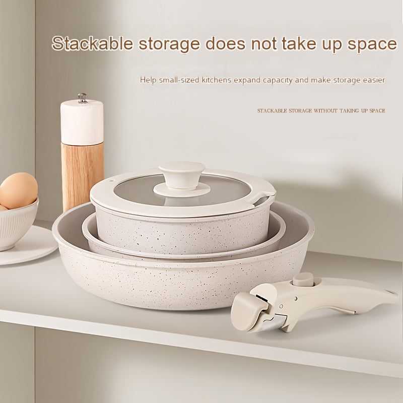 Juego de utensilios de cerámica beige de 5 piezas, antiadherente, PFOA PFAS, para autocaravana, asas removibles