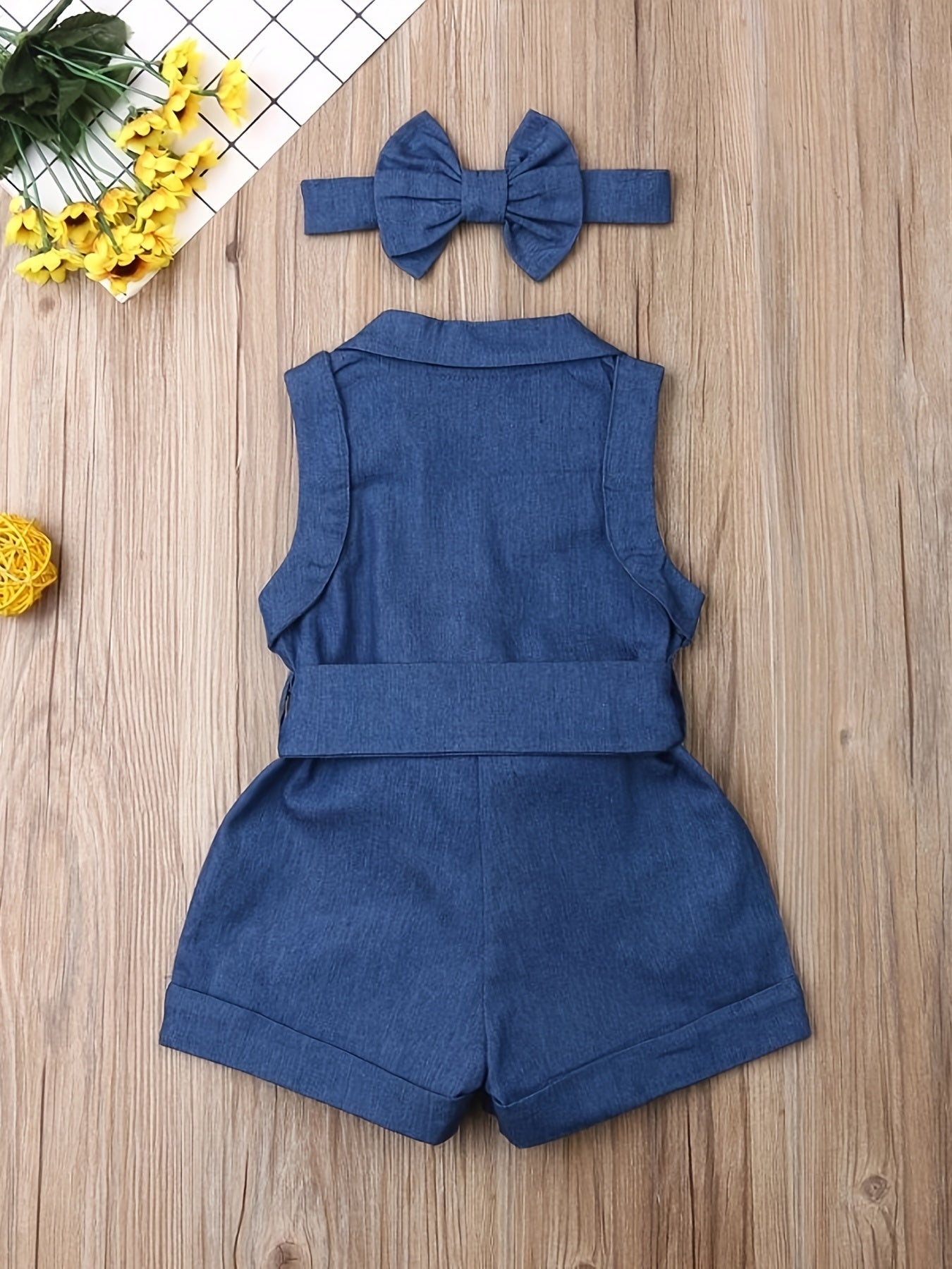 Kids' Summer Denim Romper Set with Belt and Bow Headband for Girls