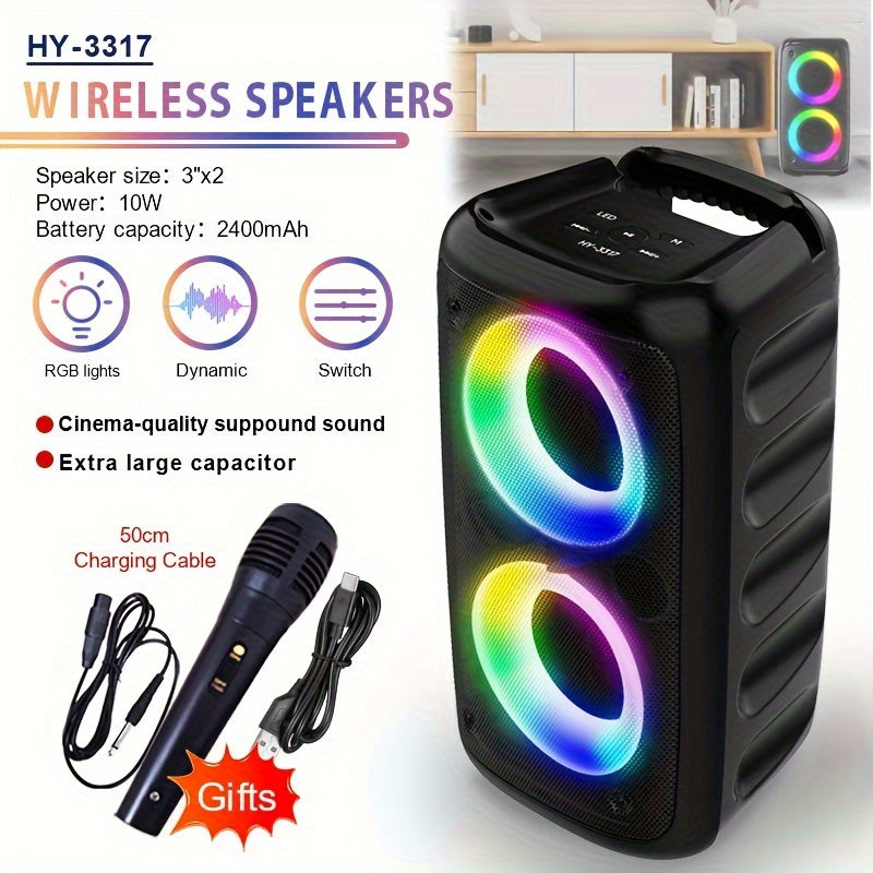 Wireless Bluetooth Speaker with Subwoofer Microphone Lights 10W High-Res Audio