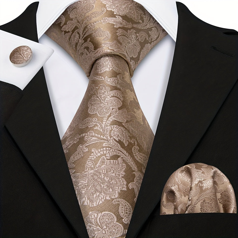 Men's Floral Woven Tie Set with Cufflinks and Handkerchief for Wedding or Formal Events