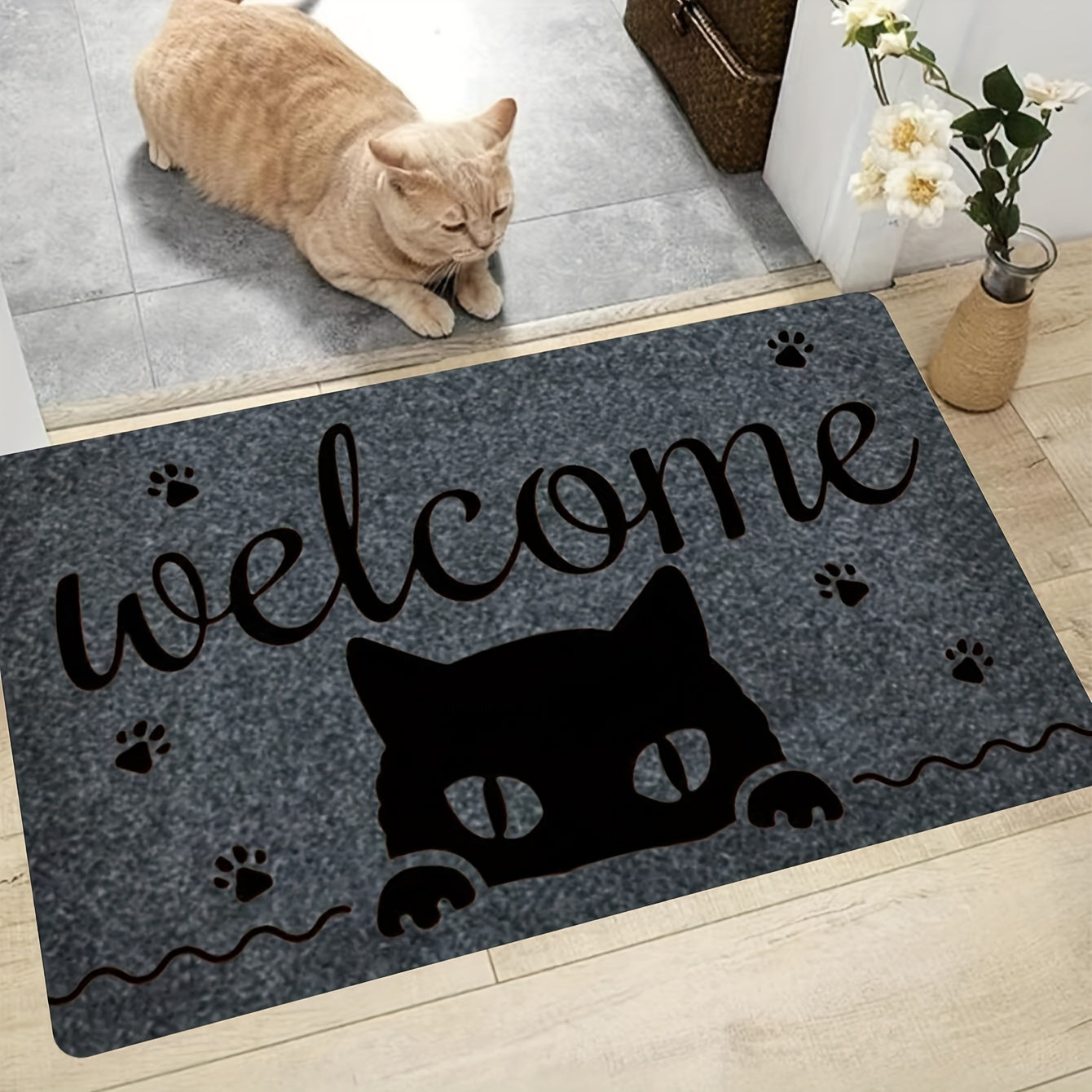 Creative Monogram Kitchen Mat with Kitten Paw Pattern Anti-Fatigue Washable Area Rug for Living Room Entryway