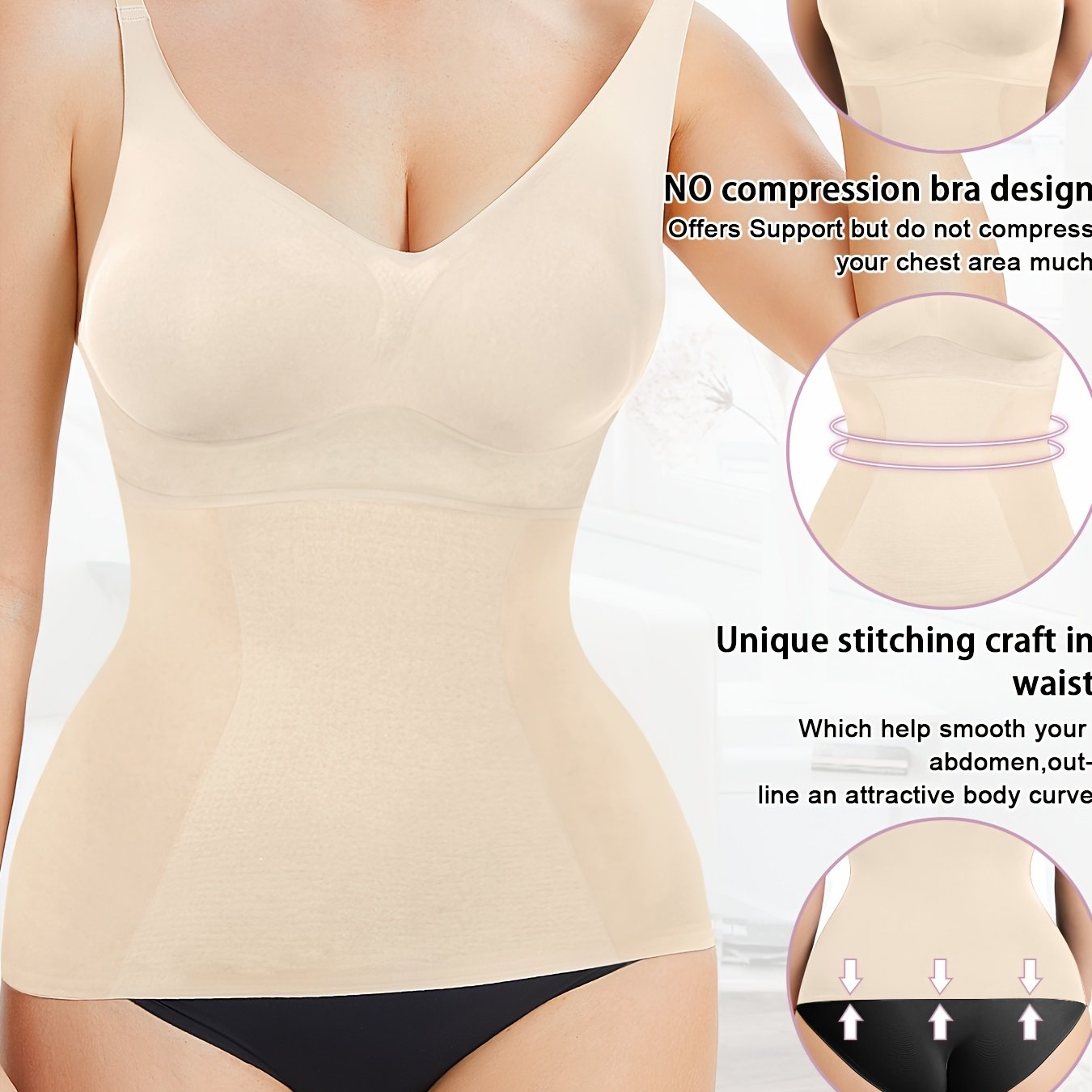 Women's Seamless Slimming Shapewear Tank Top Tummy Control Nylon Spandex V-Neck