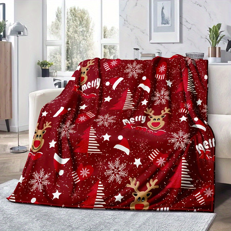 Christmas Throw Blanket Reversible Soft Material with Santa Tree Elk Snowflake Design for Couch Bed