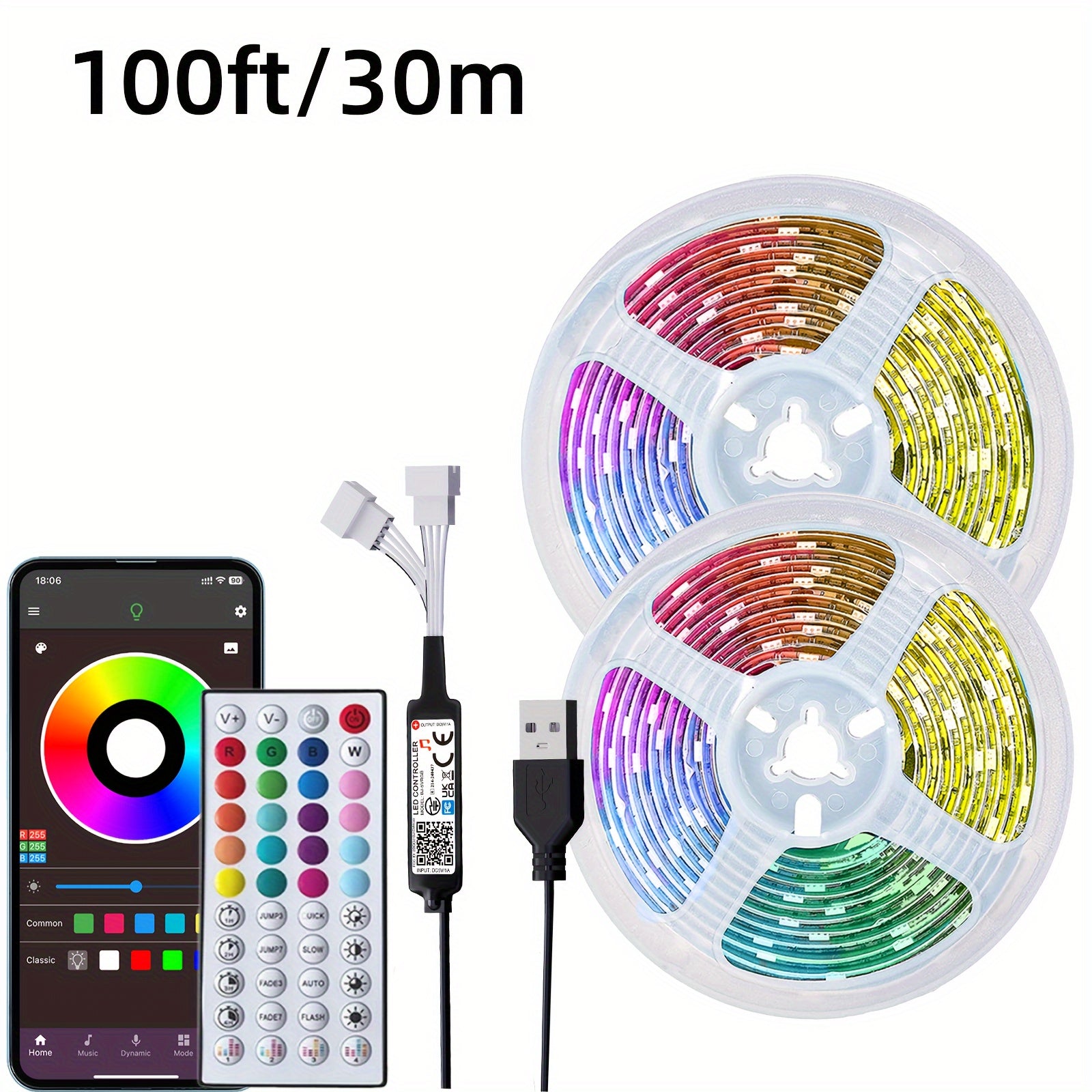LED Strip Lights 4.88-30.48m with Remote App Control Dimmable Color Changing Music Sync