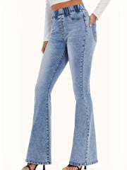 Women's Light Wash Blue High-Waisted Flare Jeans with Elastic Waistband and Stretch Denim