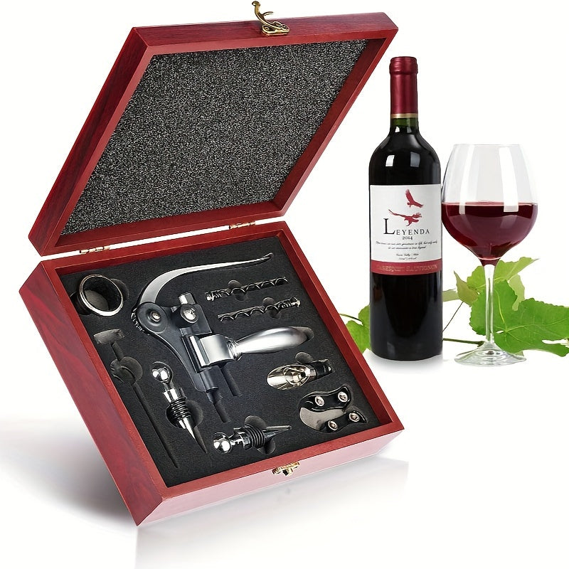 9-ta qismdan iborat zanglamaydigan po'latdan yasalgan sharob ochgich to'plami, qopqog'ni ochuvchi, folga kesuvchi, quyish moslamasi, vakuum yopgich