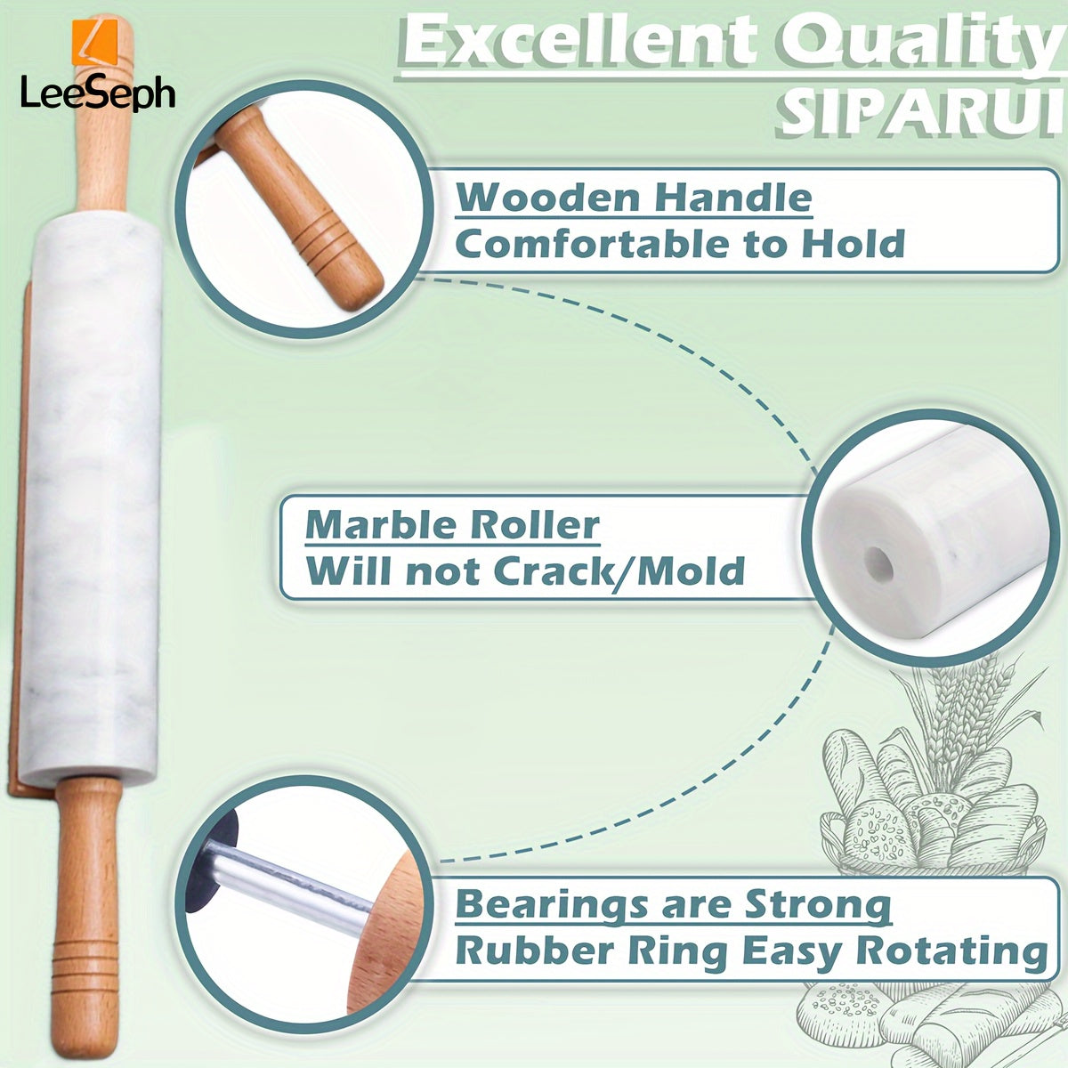 Marble Rolling Pin with Wooden Handle and Stand Non-Stick Surface for Baking