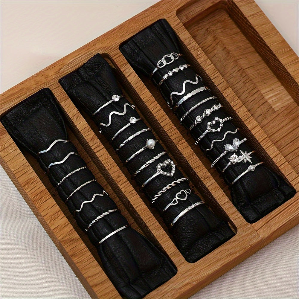 28-Piece Alloy Iron Stacking Rings Set with Heart Geometric and Wavy Designs for Daily Wear