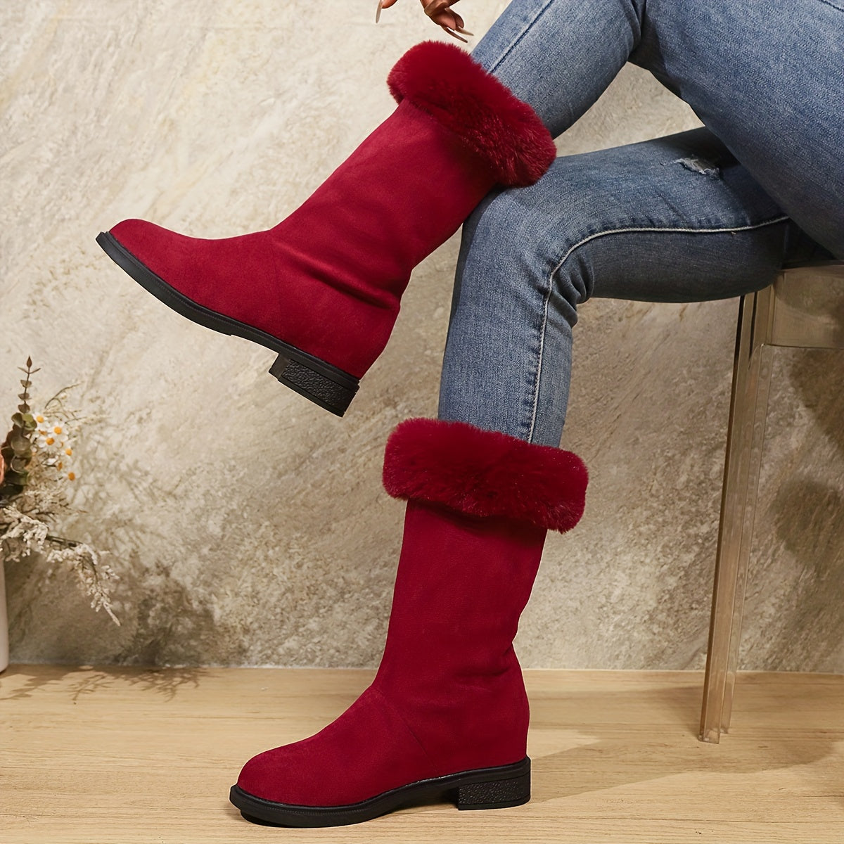 Women's Winter Mid-Calf Boots Soft Plush Cuff Slip-On Platform Waterproof