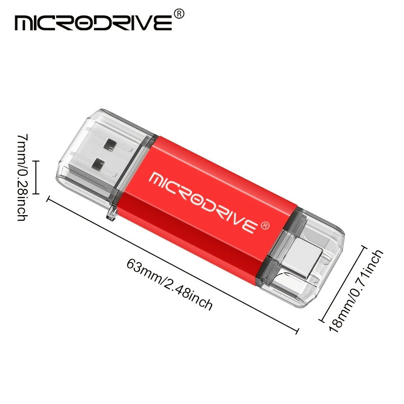 MICRODRIVE 2.0 USB-C Flesh Drayv - Yuqori tezlikdagi OTG xotira kaliti, muzlatilgan metall tekstura, 128GB/64GB/32GB/16GB, Noutbuk va smartfonlar bilan mos, Qizil/Qora, Qiziqarli dizayn