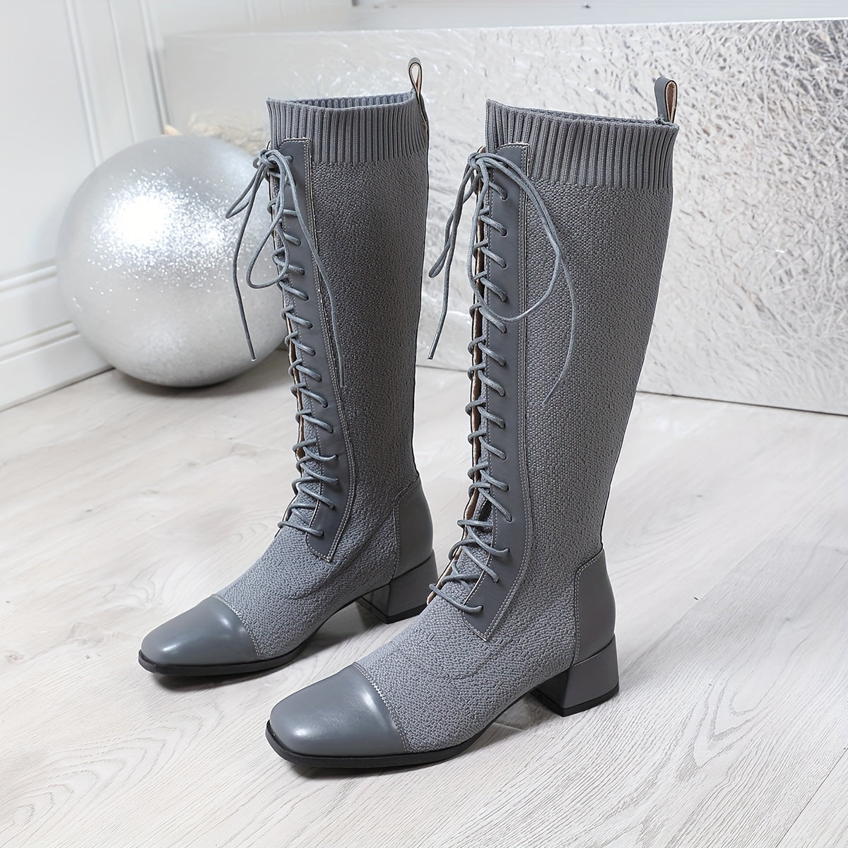 Women's Leather Square-Toe Boots with Elegant Straps and Low Heel