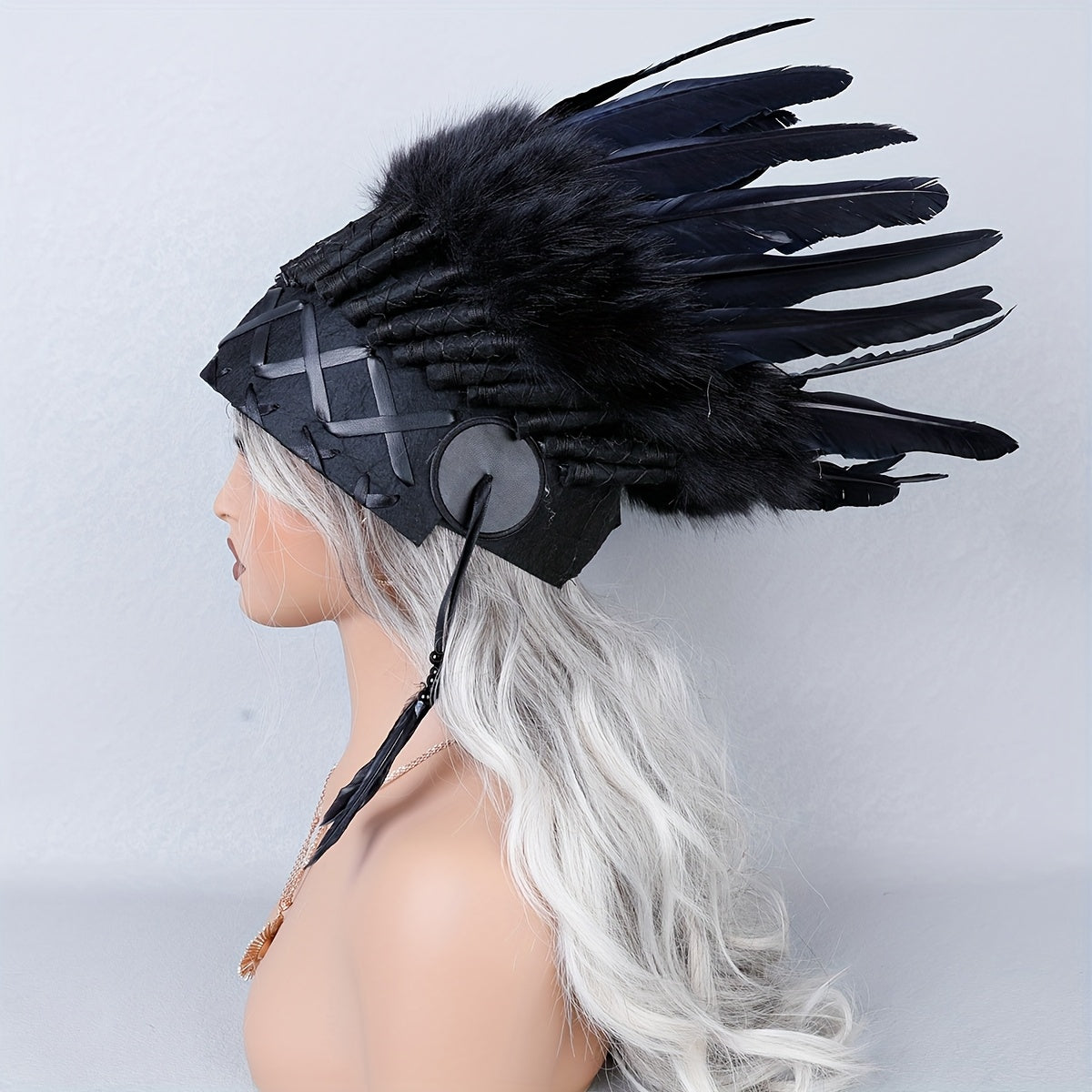 Sombrero indio de plumas negras falsas con diseño inspirado en lo vintage para Halloween y carnaval