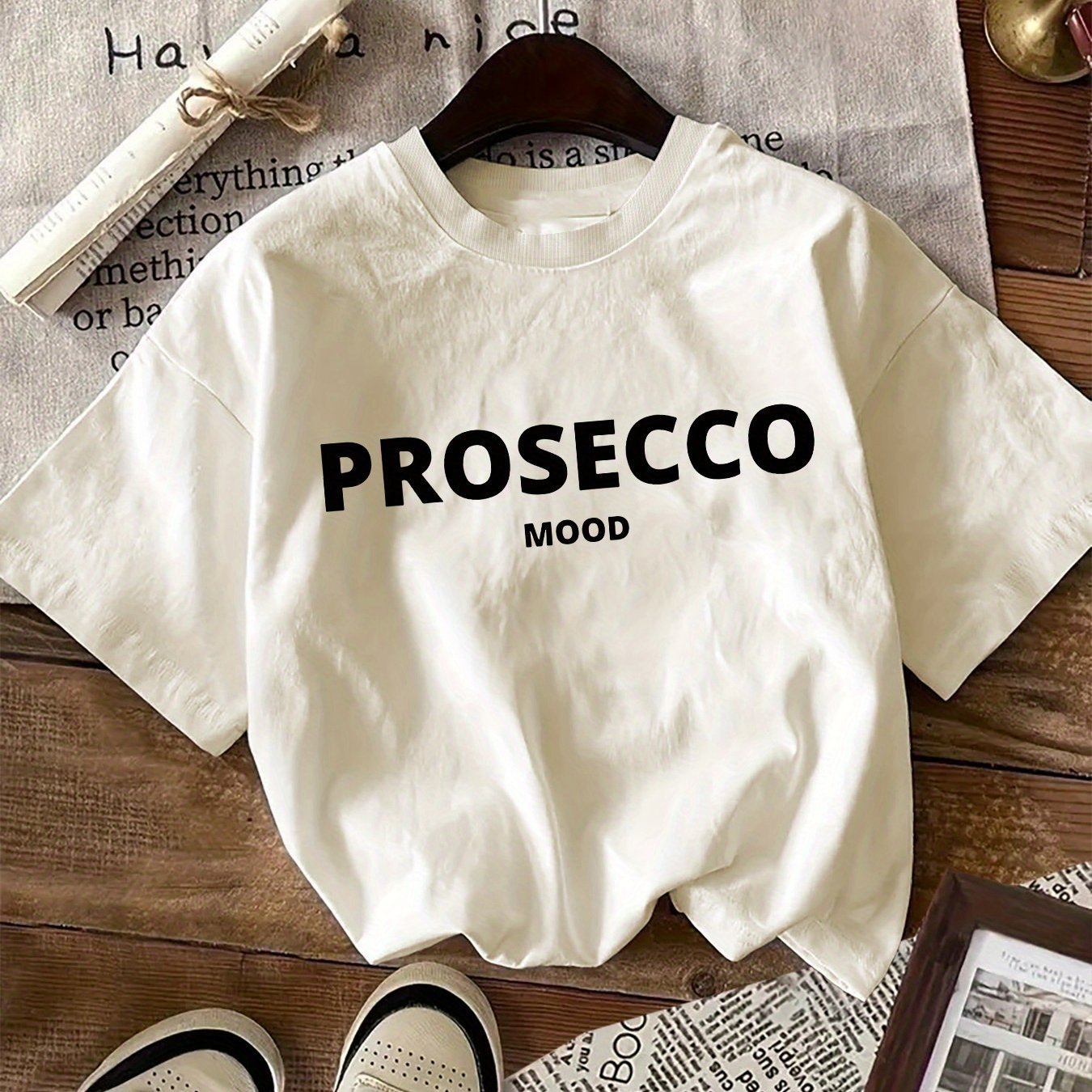 Women's Cotton Knit T-Shirt with "Prosecco Mood" Letter Print Crew Neck Short Sleeve All-Season Casual