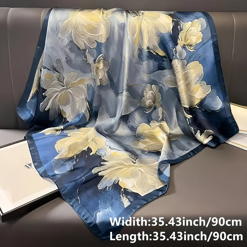 Women’s Blue Floral Square Scarf 89.99cm Bohemian Sun Protection Wind Resistant