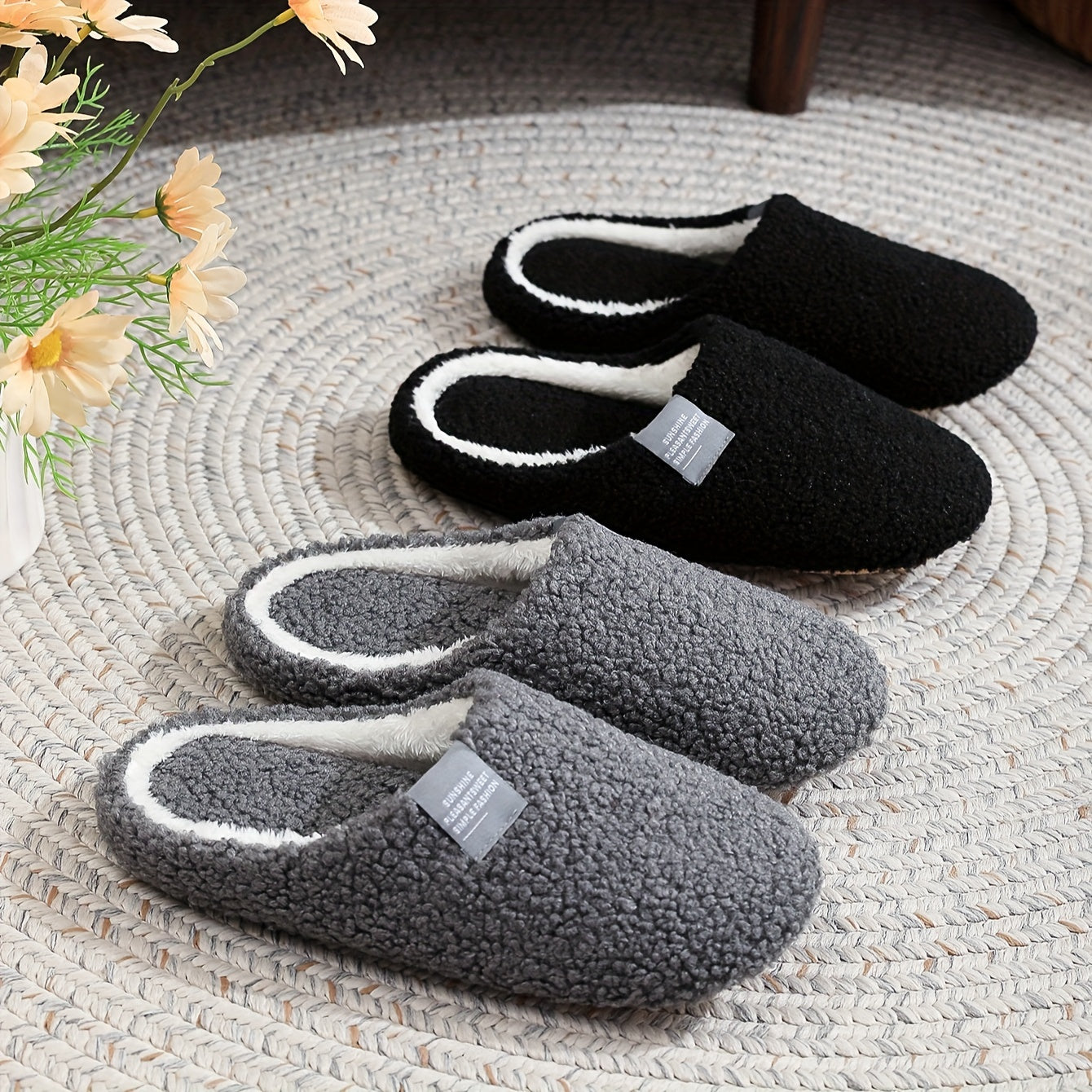 Zapatillas de interior para hombre, casuales de tela, color sólido, negro y blanco, otoño e invierno