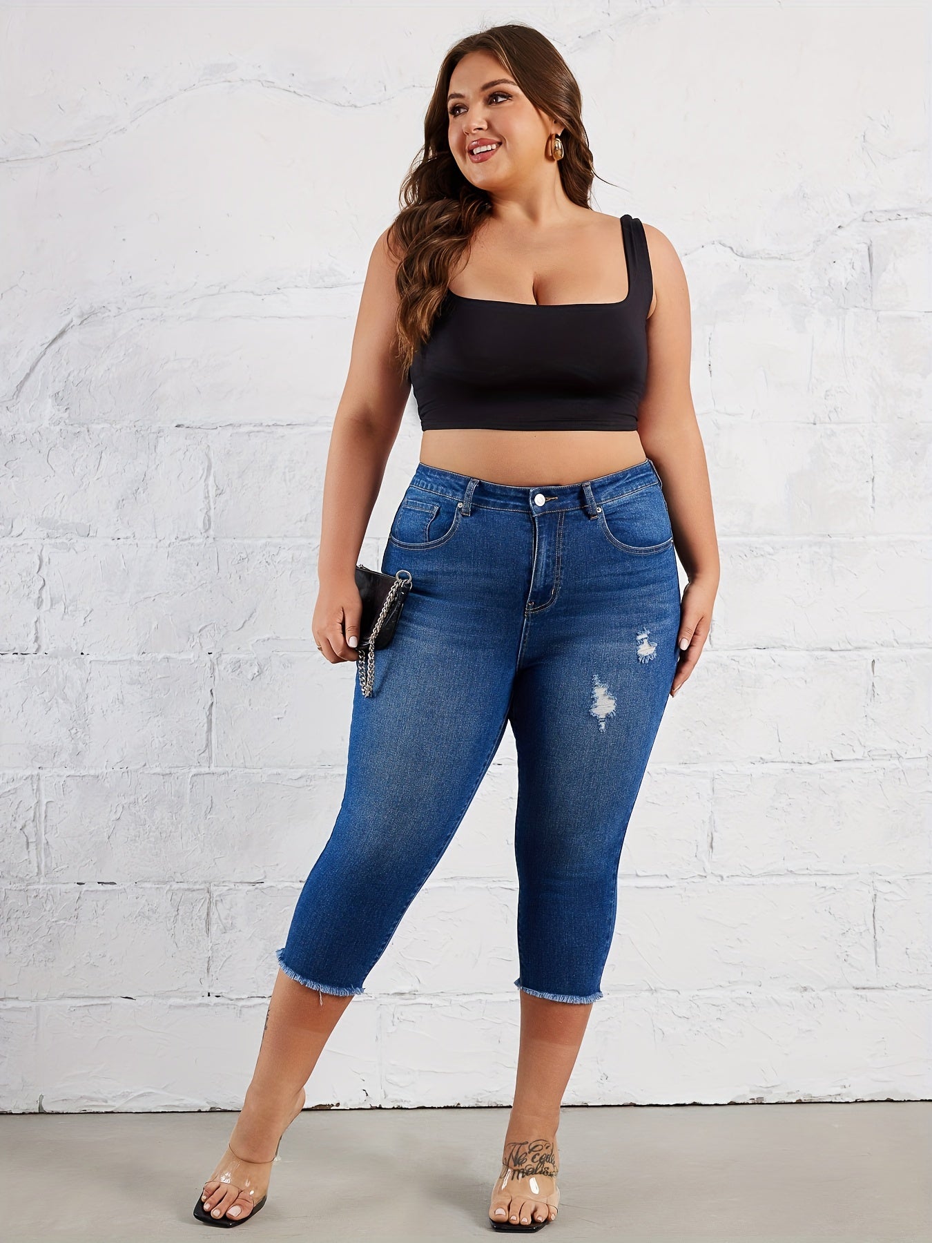 Women's Elastic Mid-Blue High Waist Fringed Jeans Seven-Eighths