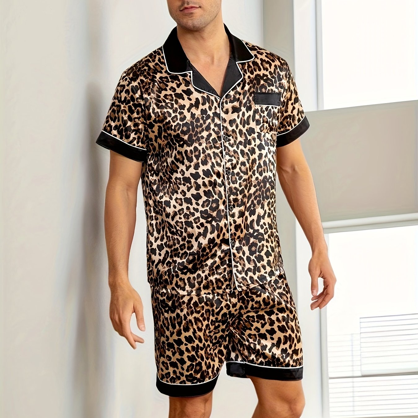 Men's Summer Pajama Set with Reversible Collar Short Sleeves Breathable Polyester