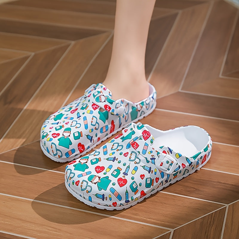 Women's EVA Clogs with Cartoon Doctor Print and Low Heel