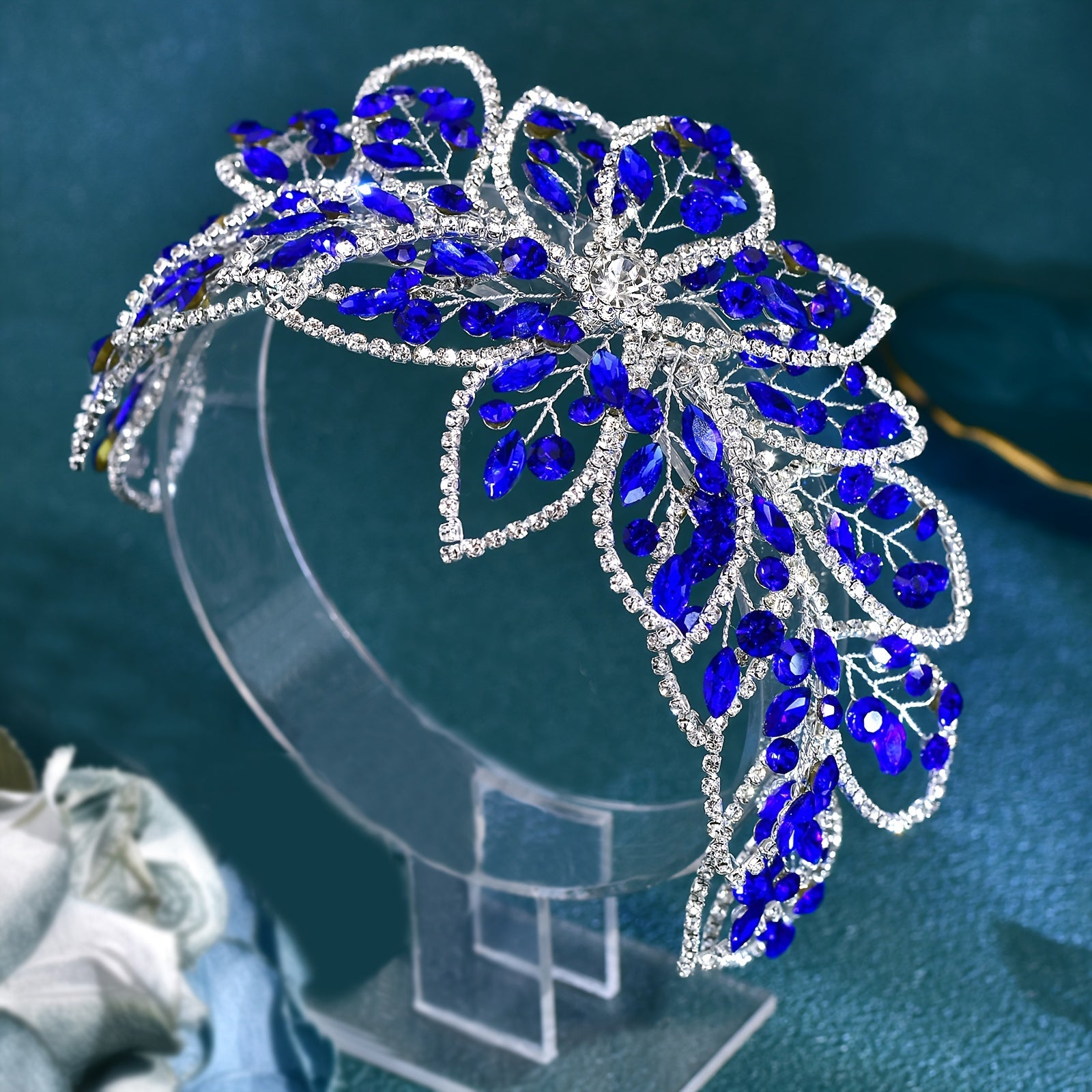 Blue Hairband with Rhinestones and Hollow-Out Design for Weddings and Special Occasions