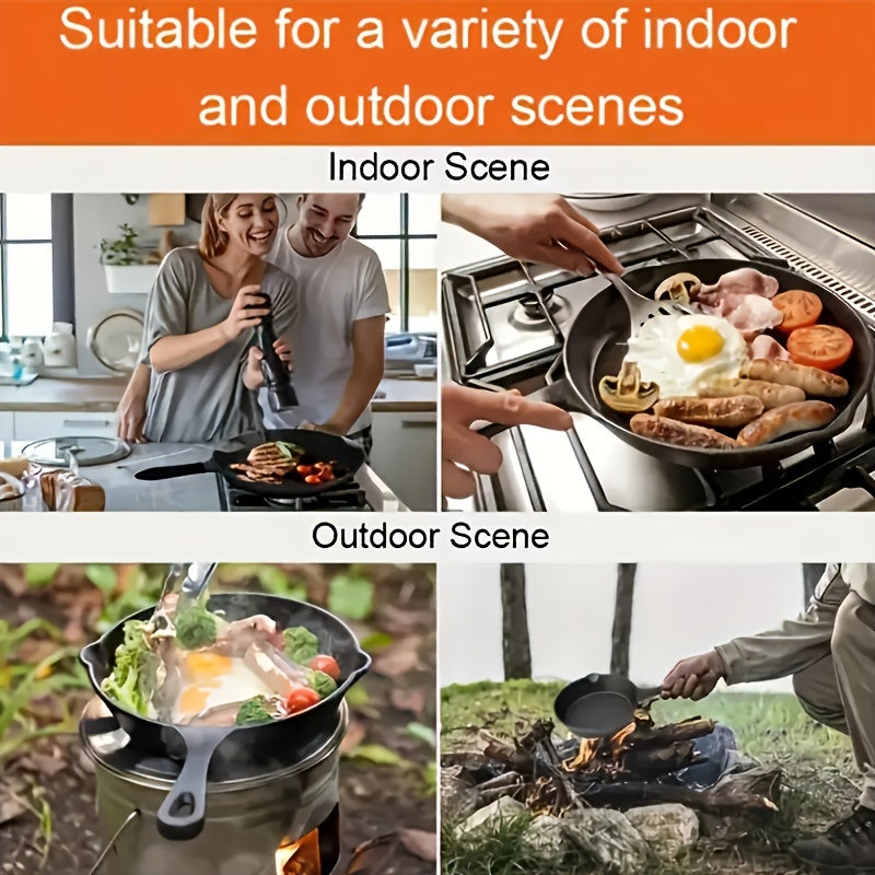 Набор из 4 предварительно обработанных чугунных сковород с антипригарным покрытием и ручками, подходящих для различных методов приготовления. Можно мыть в посудомоечной машине и использовать как в помещении, так и на улице, идеально подходит для