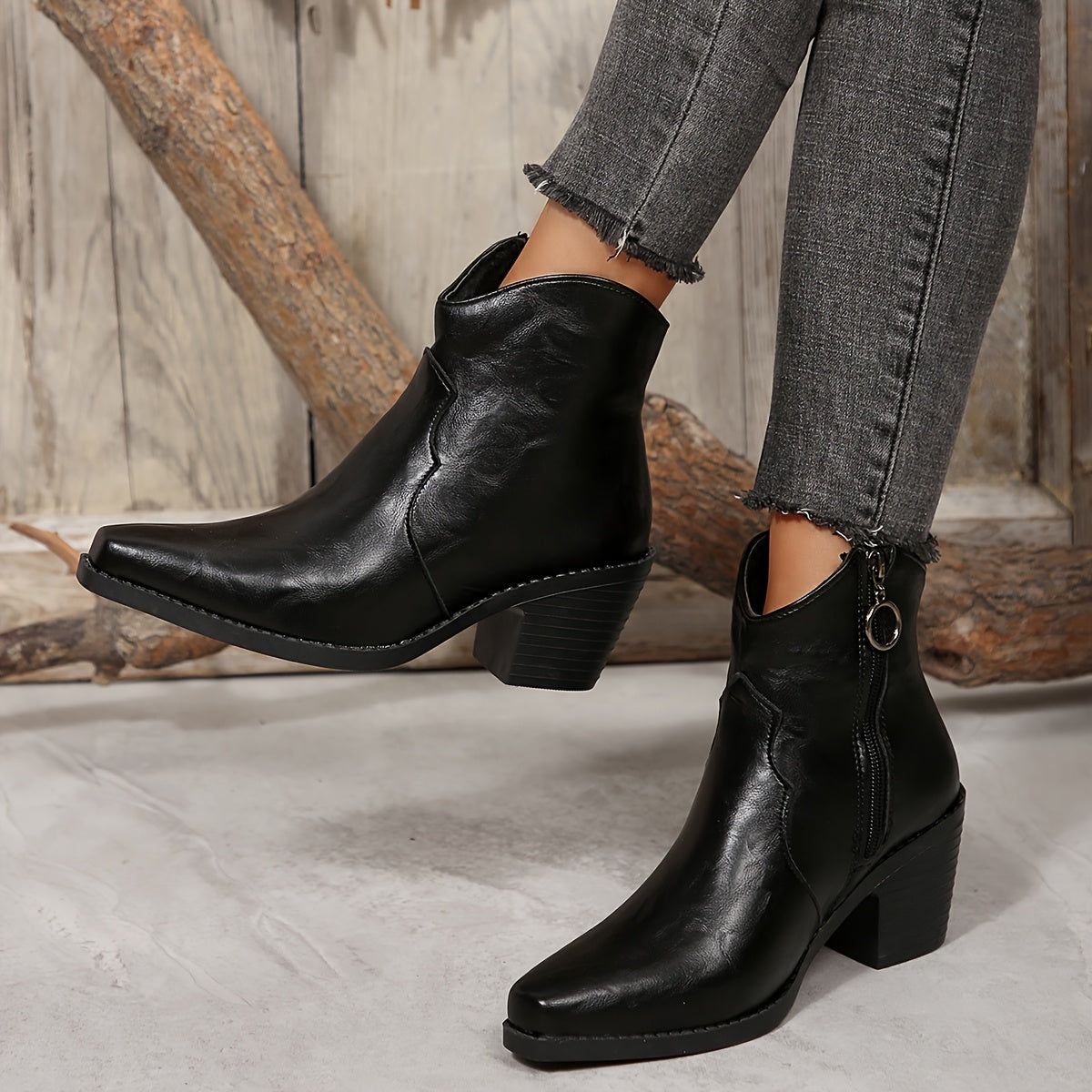 Women's Faux Cover Block Heel Ankle Boots Brown Pointed Toe Non-Slip Rubber Sole