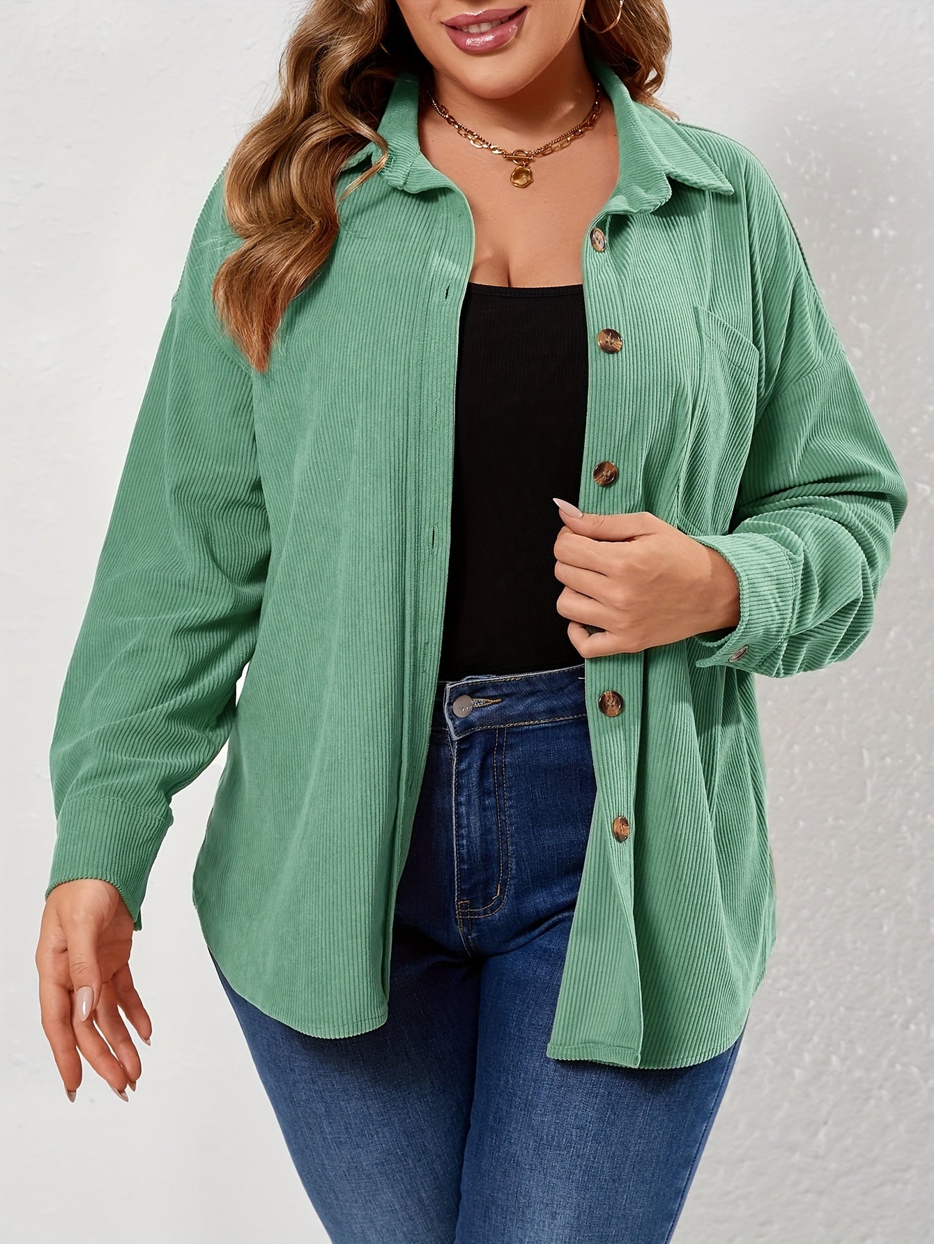Plus Size Women's Corduroy Button-Up Shirt Long Sleeve Solid Polyester