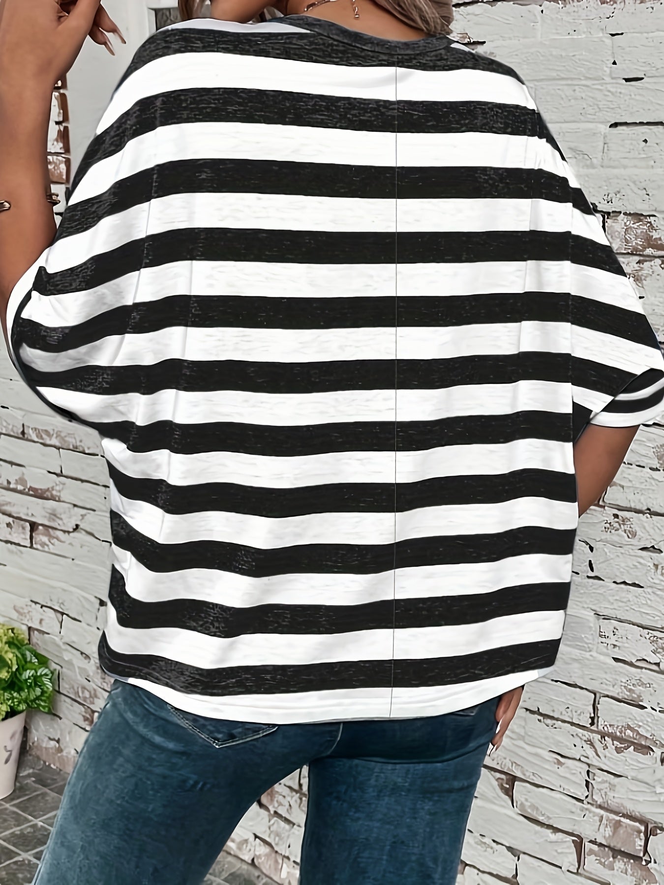 Women's Plus Size Striped Batwing Sleeve T-Shirt Polyester Casual Top
