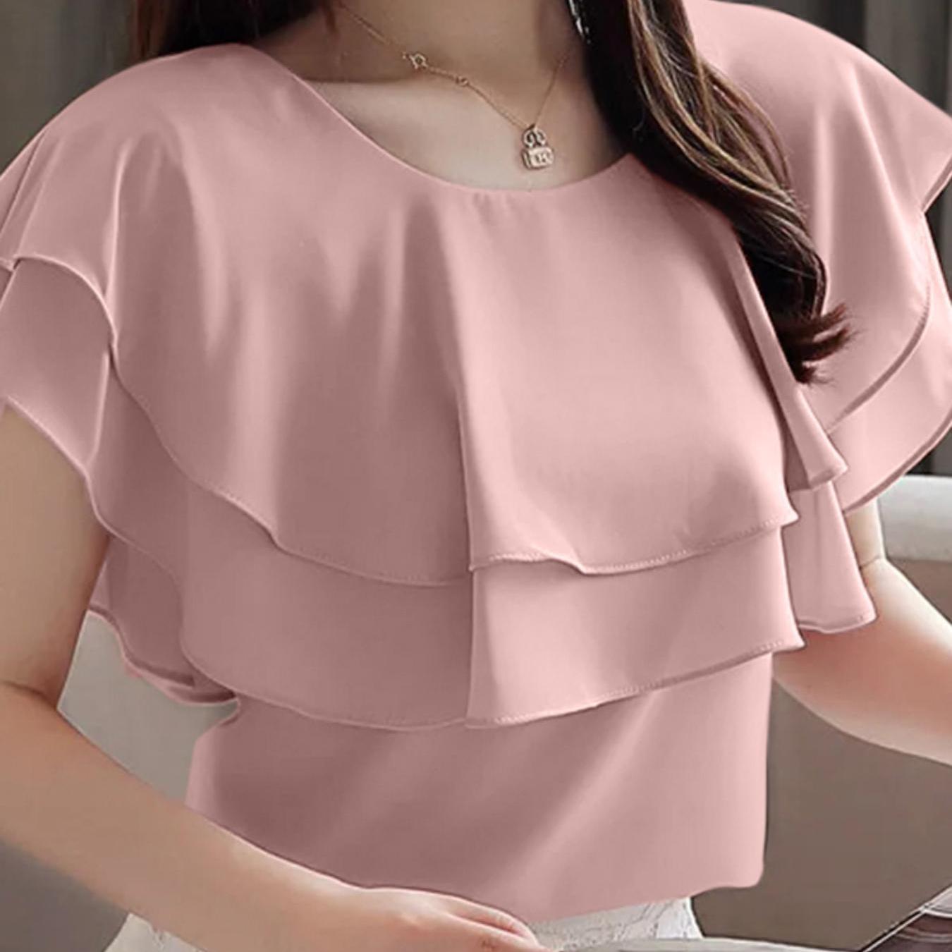 Блузка для женщин больших размеров с коротким рукавом и рюшами, однотонная, из полиэстера, весна-лето