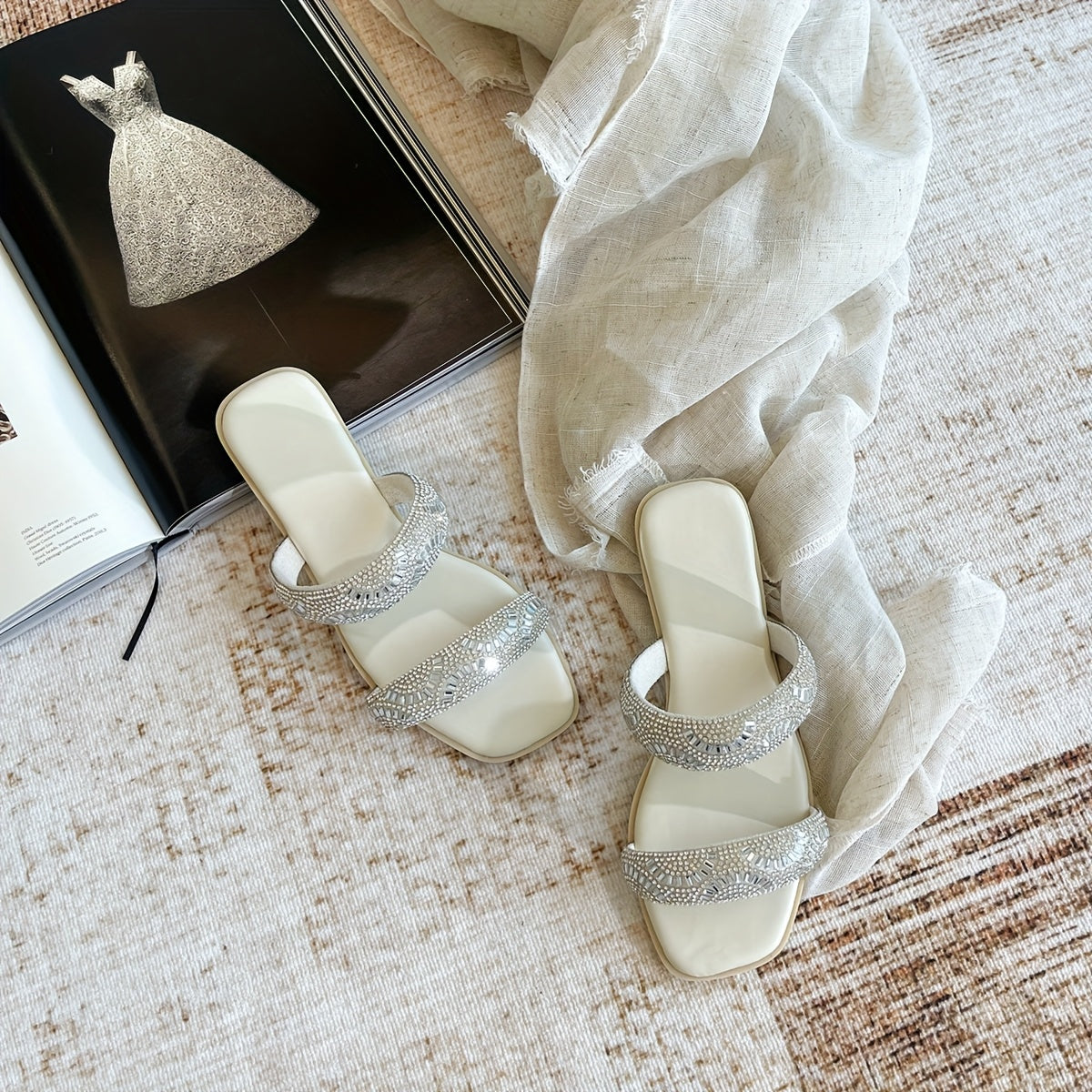 Women's Flat Sandals Soft Sole Glitter Rhinestone Double Strap Summer Casual