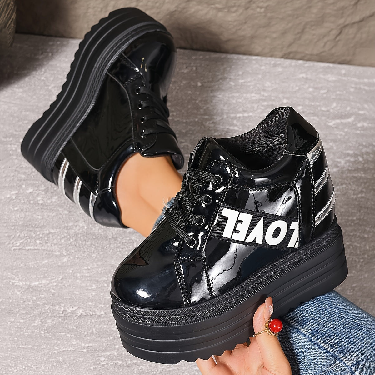 Women's White Platform Sneakers with Thick Sole and Lace-Up