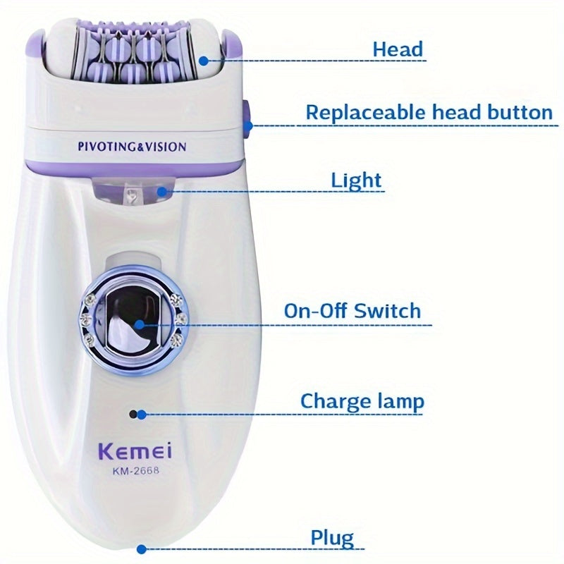 Kemei KM-2688 Женское устройство для удаления волос с USB-зарядкой - безболезненный эпилятор для лица и тела с прецизионным триммером и мощностью 3 Вт.