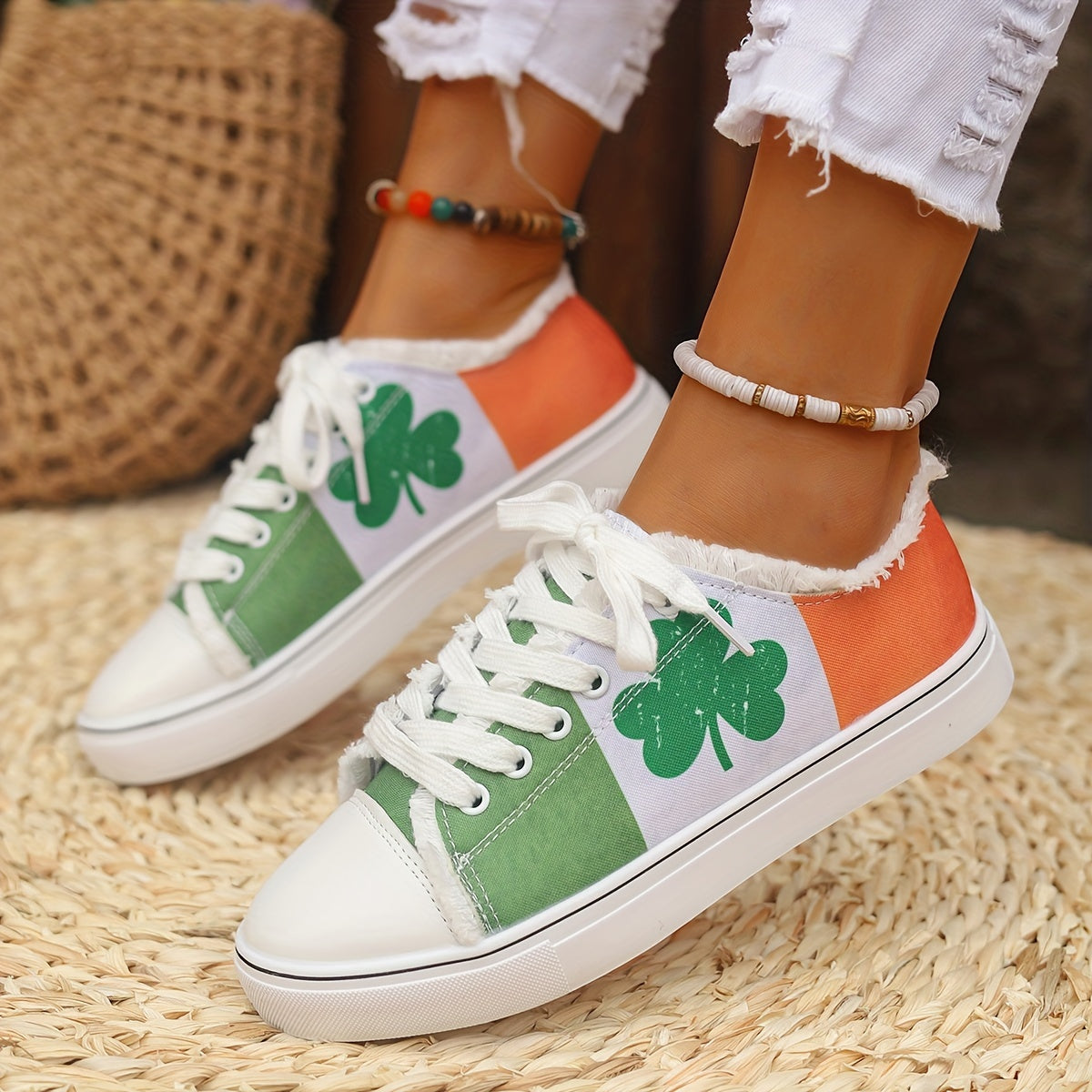 Zapatillas casuales de tela transpirable para mujer con diseño de trébol con bandera irlandesa
