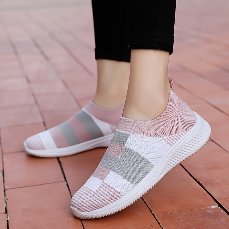 Plus Size Women's Mesh Slip-On Sneakers Pink Gray White Plaid All-Season Casual