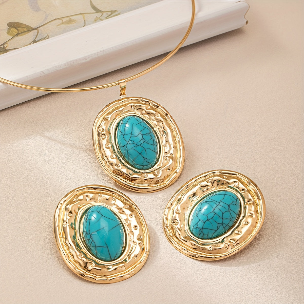 Bohemian Metal Oval Blue Turquoise Jewelry Set with Collar and Earrings for Women