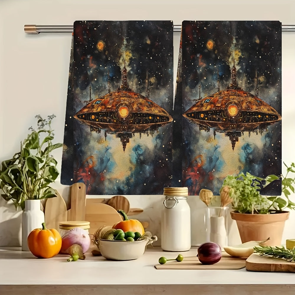 Set of 2 Coastal Spaceship Kitchen Towels 40x60cm Absorbent Polyester