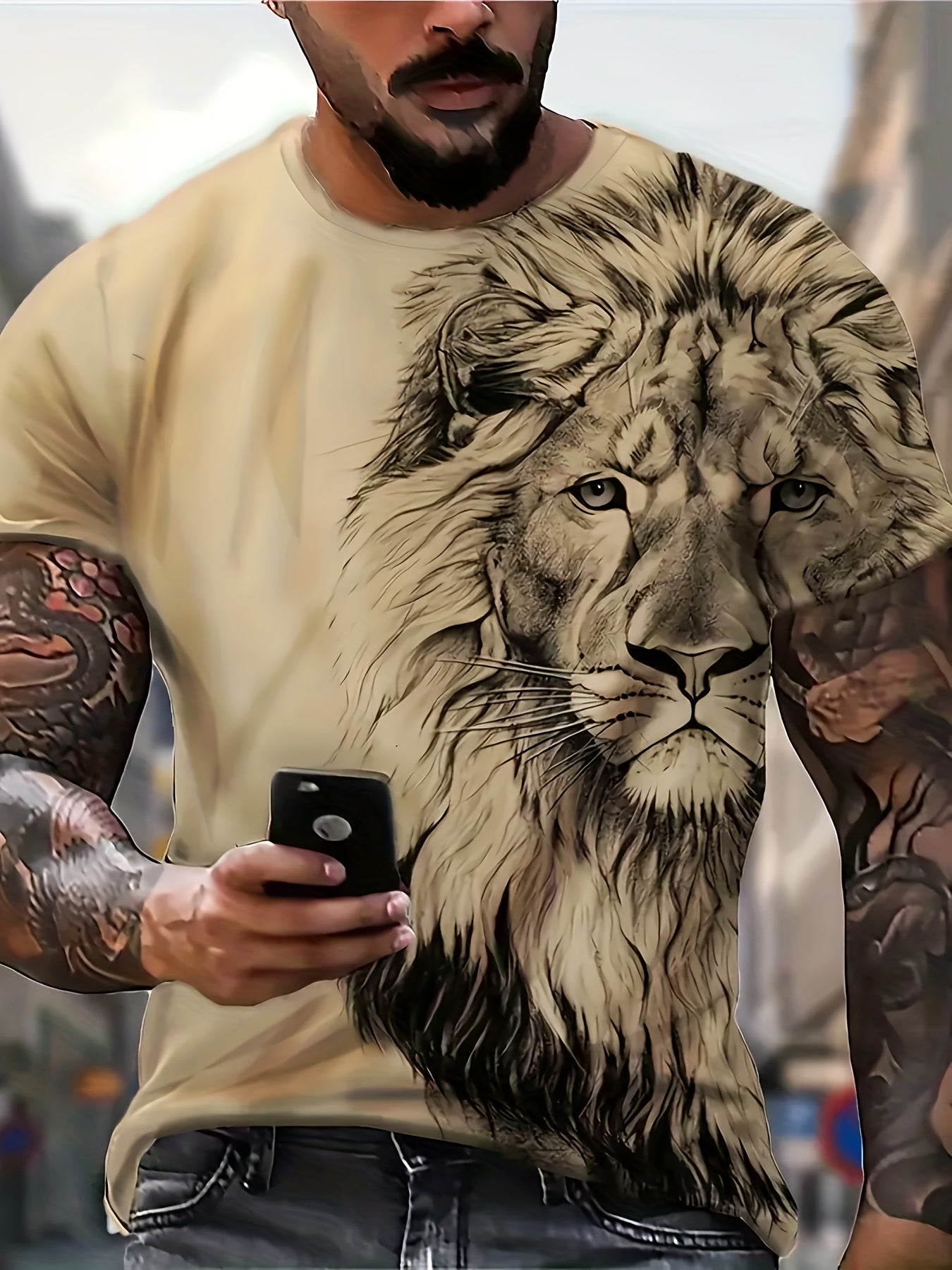 Camiseta de verano para hombre de talla grande con gráfico de león y manga corta casual