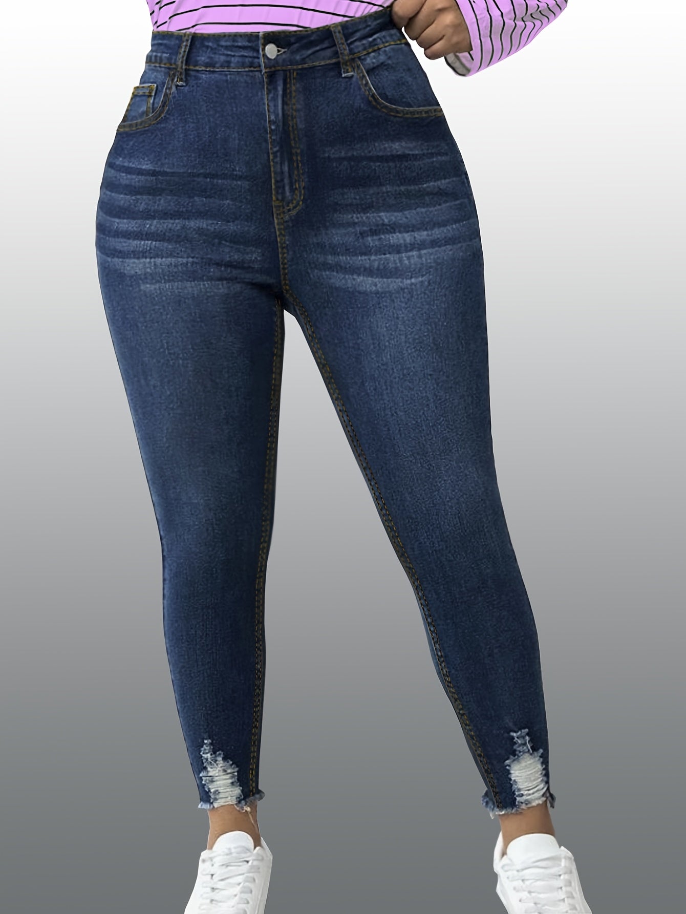 Women's Plus Size High Stretch Distressed Edge Jeans with Hairy Legs